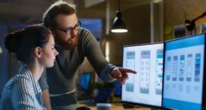 From Idea to Impact: How Digital Products Succeed in Competitive Markets Female UX Architect Has Discussion with Male Design Engineer, Th